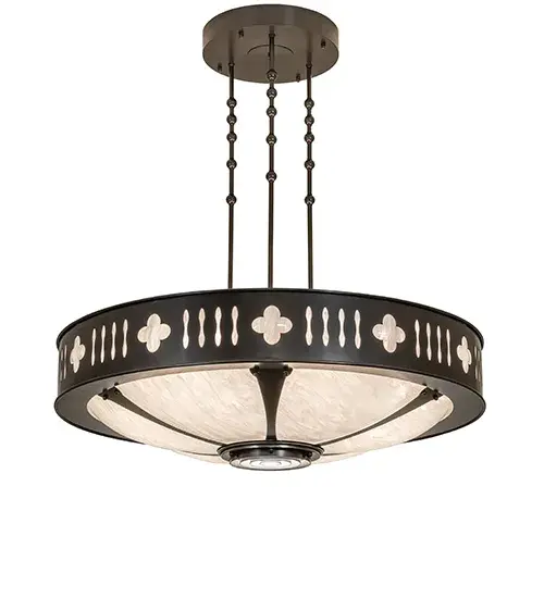Gothic charm with a modern flair. This ceiling pendant features rounded cross-stylized motifs with decorative accents around the perimeter surrounding the elegant Angelwing Idalight bowl-shaped diffuser. The lighting fixture illuminates with eight inner lights to bring out the beauty of the Idalight and one downlight to deliver task lighting on surfaces below. An ideal centerpiece for living spaces or dining areas in residential and hospitality settings; from Bar Harbor; Maine; to Holland; Michigan; to Venice; California. The Portaferry Pendant is included in our American-made; American-designed; handcrafted Contemporary Lighting Collection and manufactured in Yorkville; NY. UL & cUL listed for dry and damp locations. - alternate view