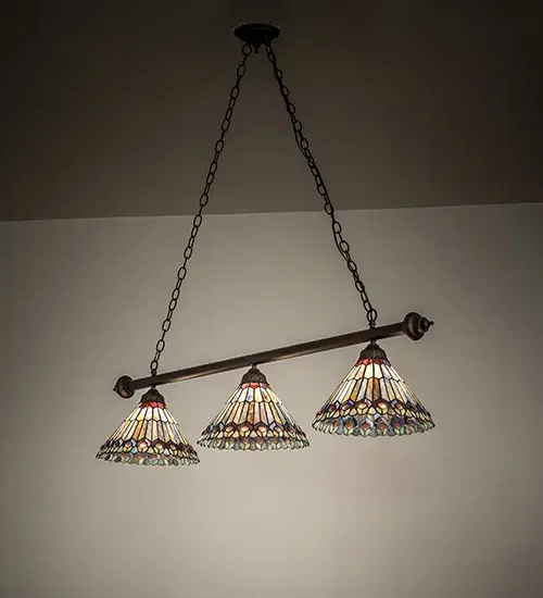 52" Long Tiffany Jeweled Peacock 3 Light Island Pendant - Image 1