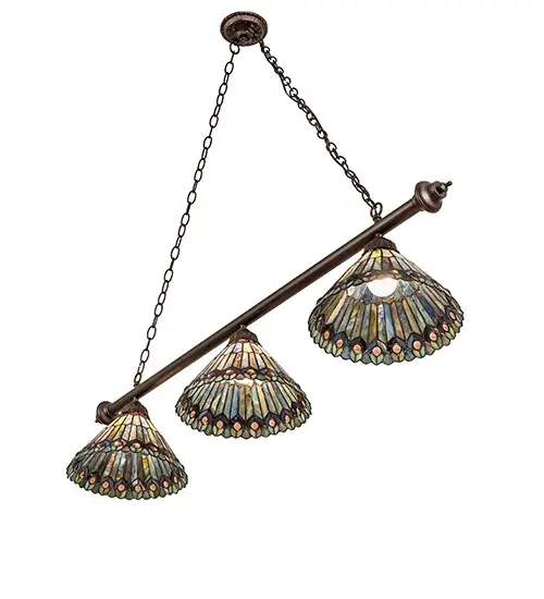 52" Long Tiffany Jeweled Peacock 3 Light Island Pendant - Image 6