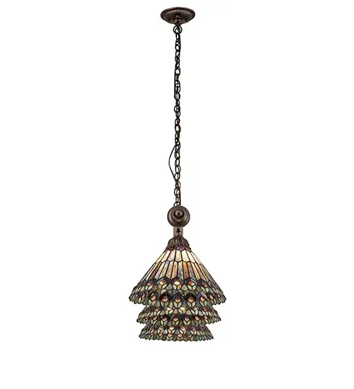 52" Long Tiffany Jeweled Peacock 3 Light Island Pendant - Image 8