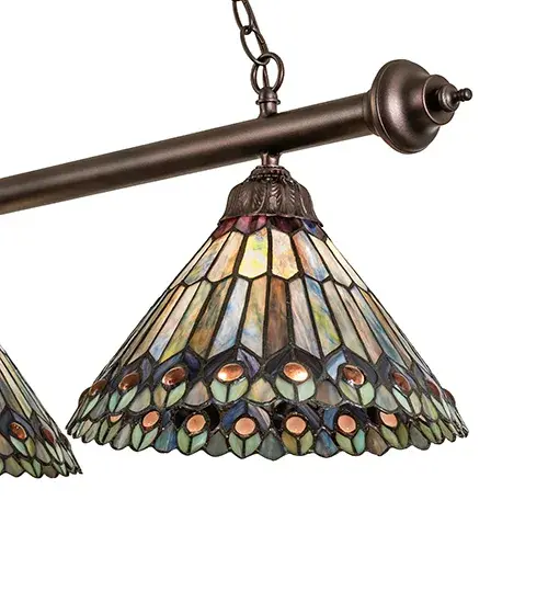 52" Long Tiffany Jeweled Peacock 3 Light Island Pendant - Image 9