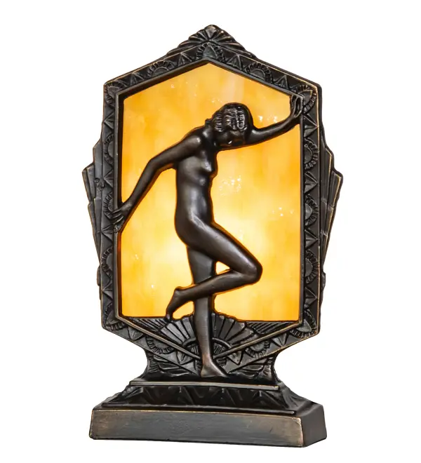 This Deco-styled accent lamp features a graceful posing lady. This elegant metal statuette, finished in Antique Brass, is complemented with a stunning Beige Art Glass illuminated from the backside. The accent lamp is perfect for desktops, tabletops, and other spaces in residential and hospitality settings, from Newport, Rhode Island, to Raleigh, North Carolina, to Fort Worth, Texas. The Posing Deco Lady Accent Lamp is part of our American-designed, handcrafted Art Deco Collection. It is UL and cUL listed for dry locations. Collection: Deco Finish: Antique Brass Glass: Beige Art Glass Width: 5.00" Height: 9.00" Length: 4.00" Weight: 2.00 lb Number of Bulbs: 1 Maximum Wattage: 25.00 W Bulb Type: BA9 Bulb Base: E12 Material: Zinc Country of Origin: USA Safety Rating: Dry