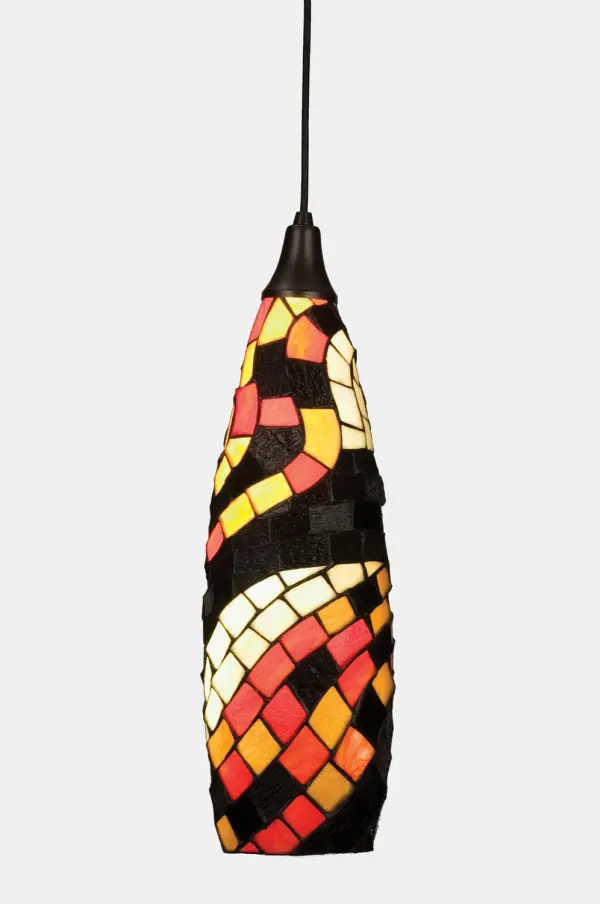 This contemporary Tiffany style shade is handcrafted by the same copper foil construction method invented by the master himself, but the elongated teardrop shape of the shade is far from traditional. This unique shade is a Meyda original design made of square shapes spiraling around the shade in Branch Brown, Beige, Honey and Fire Red colored stained art glass. Collection: Old Seville Finish: Craftsman Brown Glass: Ba Oa Xa Ha Width: 6.00" Height: 25.00" Length: 6.00" Number of Bulbs: 1 Maximum Wattage: 60.00 W Bulb Type: A19 Bulb Base: E26 Material: Metal Or Polyresin Country of Origin: CHINA Safety Listing: Dry Safety Rating: Dry