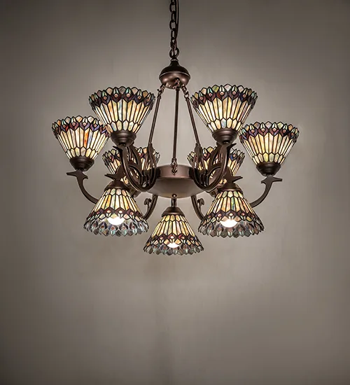 33" Wide Tiffany Jeweled Peacock 9 Light Chandelier