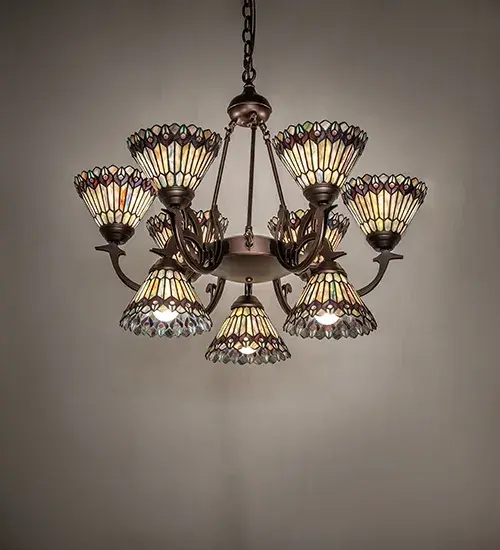 33" Wide Tiffany Jeweled Peacock 9 Light Chandelier - Image 1