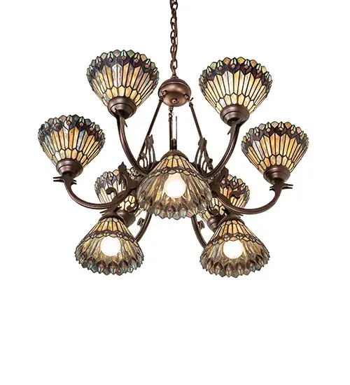 33" Wide Tiffany Jeweled Peacock 9 Light Chandelier - Image 5