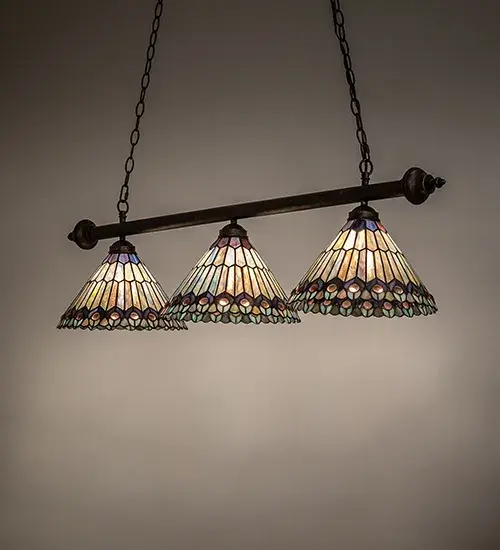 47" Long Tiffany Jeweled Peacock 3 Light Island Pendant - Image 1