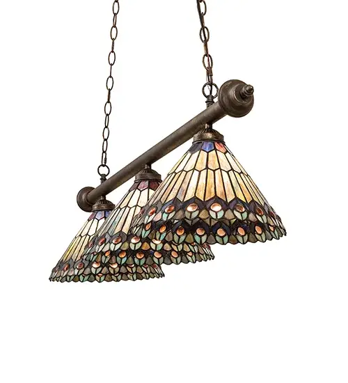 47" Long Tiffany Jeweled Peacock 3 Light Island Pendant - Image 8
