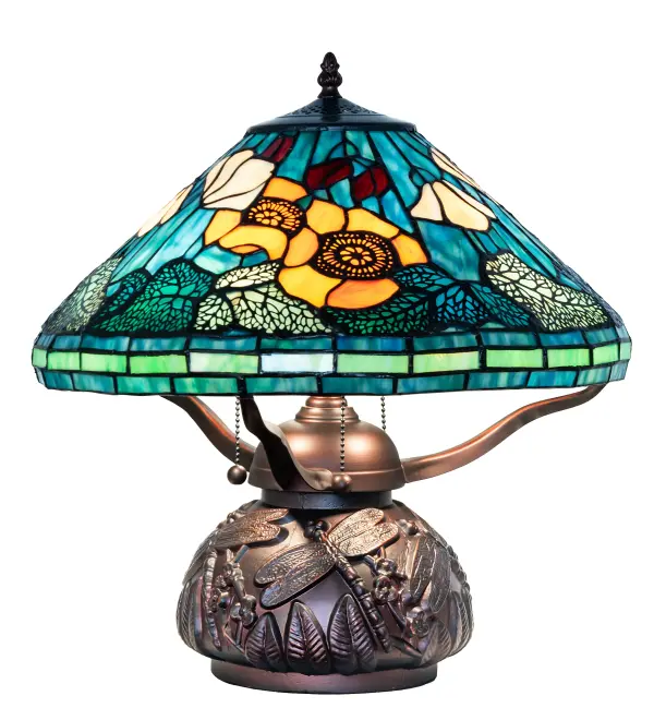 Recreating a famous Louis Comfort Tiffany original lighting design. Reminiscent of a windswept garden on a warm summer day, this Poppy table lamp will lighten up any room. Colorful petals of Yellow, Orange, and Red with Green stems and Leaves on a Blue/Green background, the art glass shade shouts the beauty and joy of spring and summer. This charming shade is created using the famous Meyda Tiffany copperfoil construction process and featured on an elegant base finished in Mahogany Bronze with mosaic art glass. The Tiffany Poppy Table Lamp is included in our American-designed, handcrafted Tiffany Reproduction Collection. UL & cUL listed for dry locations. Each shade is a unique work of art with color variations based on natural ingredients inherent in the art glass. Collection: Tiffany Poppy Finish: Mahogany Bronze Glass: Stained Glass Width: 17.00" Height: 17.00" Length: 17.00" Weight: 10.00 lb Number of Bulbs: 3 Maximum Wattage: 60.00 W Bulb Type: A19 Bulb Base: E26 Material: Zinc Country of Origin: CHINA Safety Rating: Dry