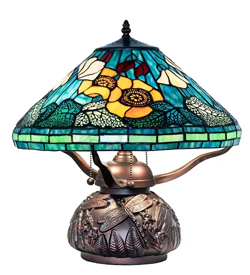 Recreating a famous Louis Comfort Tiffany original lighting design. Reminiscent of a windswept garden on a warm summer day, this Poppy table lamp will lighten up any room. Colorful petals of Yellow, Orange, and Red with Green stems and Leaves on a Blue/Green background, the art glass shade shouts the beauty and joy of spring and summer. This charming shade is created using the famous Meyda Tiffany copperfoil construction process and featured on an elegant base finished in Mahogany Bronze with mosaic art glass. The Tiffany Poppy Table Lamp is included in our American-designed, handcrafted Tiffany Reproduction Collection. UL & cUL listed for dry locations. Each shade is a unique work of art with color variations based on natural ingredients inherent in the art glass. Collection: Tiffany Poppy Finish: Mahogany Bronze Glass: Stained Glass Width: 17.00" Height: 17.00" Length: 17.00" Weight: 10.00 lb Number of Bulbs: 3 Maximum Wattage: 60.00 W Bulb Type: A19 Bulb Base: E26 Material: Zinc Country of Origin: CHINA Safety Rating: Dry - alternate view