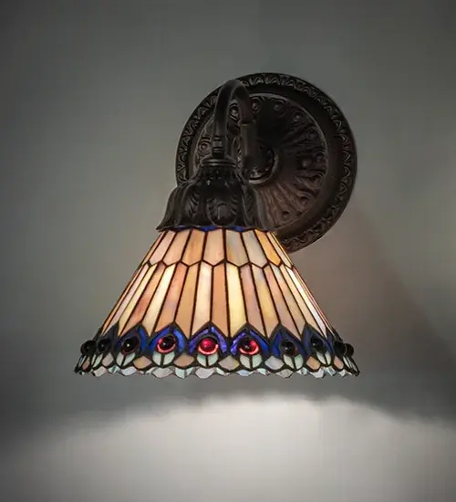 8" Wide Tiffany Jeweled Peacock Wall Sconce - Image 1
