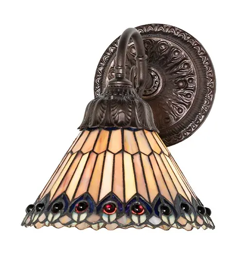 8" Wide Tiffany Jeweled Peacock Wall Sconce - Image 2