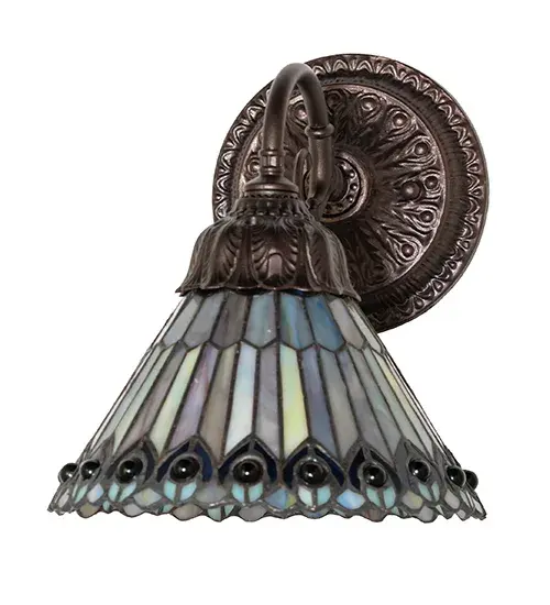 8" Wide Tiffany Jeweled Peacock Wall Sconce - Image 3