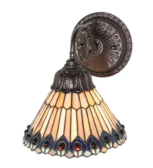 8" Wide Tiffany Jeweled Peacock Wall Sconce - Image 4