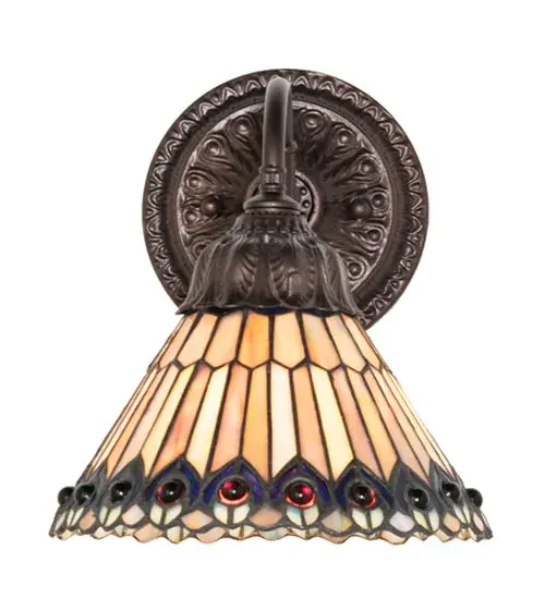 8" Wide Tiffany Jeweled Peacock Wall Sconce - Image 5