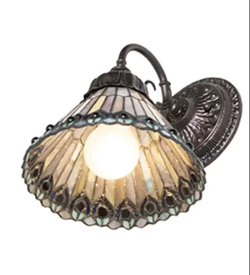 8" Wide Tiffany Jeweled Peacock Wall Sconce - Image 6