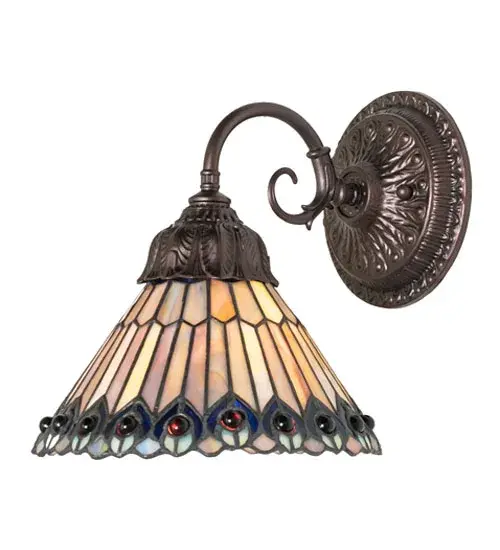 8" Wide Tiffany Jeweled Peacock Wall Sconce - Image 8