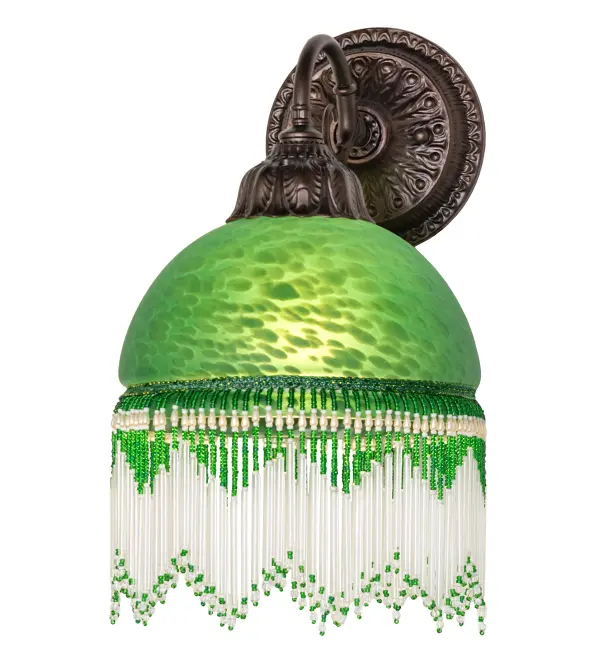 A charming nostalgic wall sconce that is perfect for nearly any room. This Roussillon features a stunning Green Mottled Art Glass shade color coordinated with delicate Green and Clear glass beaded fringe. Elegant cast metal hardware in a Mahogany Bronze finish embraces this Victorian-inspired shade. This wall sconce is perfect for placing along walls in hallways and living spaces in fine Victorian homes from Pawtucket, Rhode Island, to Pittsburgh, Pennsylvania, to Albuquerque, New Mexico. The Roussillon Wall Sconce is featured in our American-designed, handcrafted Boudoir Lighting Collection. UL and cUL listed for dry and damp locations. Each shade is a unique work of art with color variations based on natural ingredients inherent in the glass. Collection: Roussillon Finish: Mahogany Bronze Glass: Green Dappled Glass Width: 8.00" Height: 14.00" Length: 9.50" Weight: 3.50 lb Extension from Wall: 9.50" Number of Bulbs: 1 Maximum Wattage: 60.00 W Bulb Type: A19 Bulb Base: E26 Material: Steel Country of Origin: CHINA Safety Rating: Damp