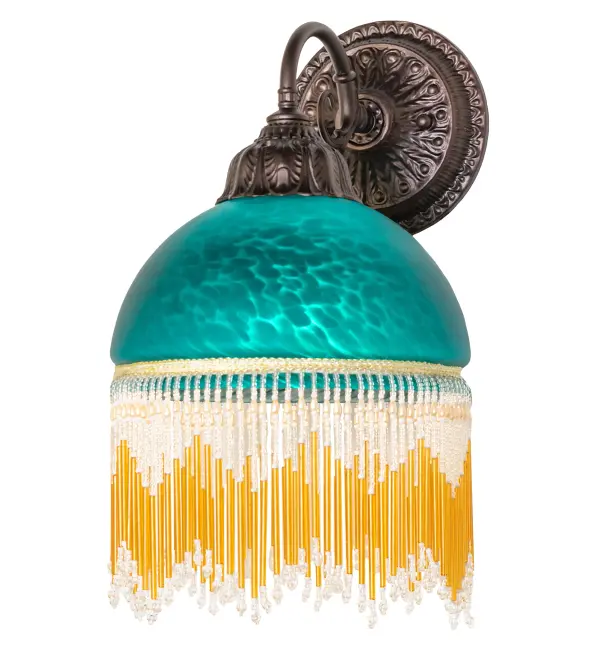 A charming nostalgic wall sconce that is perfect for nearly any room. This Roussillon features a stunning Teal Art Glass shade color coordinated with delicate Amber and Clear glass beaded fringe. Elegant cast metal hardware in a Mahogany Bronze finish embraces this Victorian-inspired shade. This wall sconce is perfect for placing ?along walls in hallways and living spaces in fine Victorian homes from Pawtucket, Rhode Island, to Pittsburgh, Pennsylvania, to Albuquerque, New Mexico. The Roussillon Wall Sconce is featured in our American-designed, handcrafted Boudoir Lighting Collection. UL and cUL listed for dry and damp locations. Each shade is a unique work of art with color variations based on natural ingredients inherent in the glass. Collection: Roussillon Finish: Mahogany Bronze Glass: Teal Dappled Glass Width: 8.00" Height: 14.00" Length: 9.50" Weight: 3.50 lb Extension from Wall: 9.50" Number of Bulbs: 1 Maximum Wattage: 60.00 W Bulb Type: A19 Bulb Base: E26 Material: Steel Country of Origin: CHINA Safety Rating: Damp