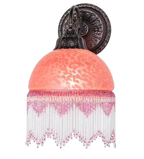 A charming nostalgic wall sconce that is perfect for nearly any room. This Roussillon features a stunning Cranberry Dappled Glass shade color coordinated with delicate Cranberry and Clear glass beaded fringe. Elegant cast metal hardware in a Mahogany Bronze finish embraces this Victorian-inspired shade. This wall sconce is perfect for placing along walls in hallways and living spaces in fine Victorian homes from Pawtucket, Rhode Island, to Pittsburgh, Pennsylvania, to Albuquerque, New Mexico. The Roussillon Wall Sconce is featured in our American-designed, handcrafted Boudoir Lighting Collection. UL and cUL listed for dry and damp locations. Each shade is a unique work of art with color variations based on natural ingredients inherent in the glass. Collection: Roussillon Finish: Mahogany Bronze Glass: Cranberry Dappled Glass Width: 8.00" Height: 14.00" Length: 9.50" Weight: 3.50 lb Extension from Wall: 9.50" Number of Bulbs: 1 Maximum Wattage: 60.00 W Bulb Type: A19 Bulb Base: E26 Material: Steel Country of Origin: CHINA Safety Rating: Damp - alternate view
