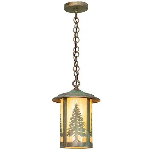 Handcrafted of Brass with exquisite beauty for both interior and outdoor lighting applications. This stunning cylindrical lantern features a Beige Iridescent Glass lens that is enhanced with a Verdigris finish. The overall height ranges from 18 to 30 inches, as the chain length can be easily adjusted in the field to meet your lighting requirements. Align this mini pendant in groups for illuminating exterior covered entryways and under eaves in timber homes, modern farmhouses, and other spaces from Traverse City, Michigan, to Lake Tahoe, Nevada, to Lake Geneva, Wisconsin. The Fulton Tall Pines Mini Pendant is featured in our American-made, American-designed, handcrafted Craftsman Signature Series and manufactured in Yorkville, New York. UL and cUL listed for dry, damp and wet locations. Our Build Your Own Craftsman Signature Series features unlimited combinations of styles. The collection is called build your own because it is fully configurable and customizable from size and design to finish and lens color. Go nuts with the options, or send us your own concept today! Call today to learn how to use the configuration tool available on our website for an instant item number! Collection: Fulton Finish: Verdigris Glass: Beige Iridescent Glass Width: 10.00" Height: 18.00" Length: 10.00" Weight: 8.00 lb Number of Bulbs: 1 Maximum Wattage: 60.00 W Bulb Type: A19 Bulb Base: E26 Material: Brass Country of Origin: USA Safety Rating: Wet - alternate view