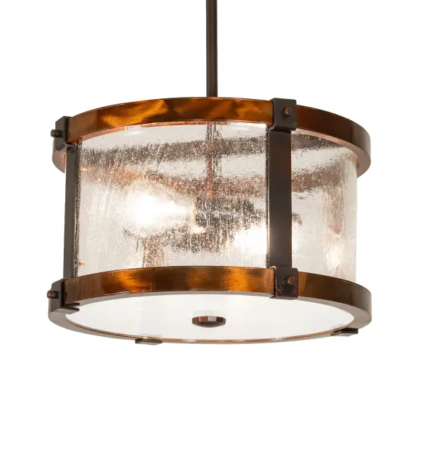 This stunning fixture with a chic motif and a curved shape is reminiscent of the high style of the Mid-century Modern era. The Cilindro Campbell Pendant features decorative rings on the frame hand-finished in Transparent Copper and complemented with an Old Copper Pot finished canopy; stem and decorative accents. The fixture features a Clear Seeded Glass lens that reveals two Edison-style lamps for beautiful ambient illumination. The fixture is perfect for installation in hallways and foyers in homes and restaurants from Montpelier; Vermont; to Baton Rouge; Louisiana; to Salem; Oregon. The Cilindro Campbell Pendant is included in our American-made; American-designed; handcrafted Modern Lighting Collection and manufactured in Yorkville; NY. UL & cUL listed for dry and damp locations.