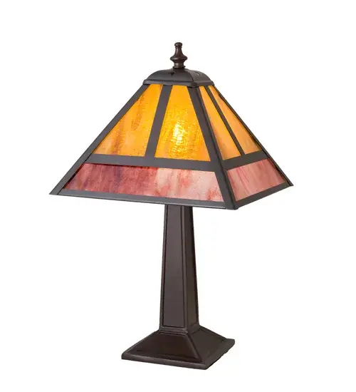 This handsome accent lamp is inspired by the Arts and Crafts movement. This lamp shade features Honey art glass complemented with Burgundy Baroque Glass accents with a Craftsman Brown finished frame. The shade is enhanced with a Mission styled lamp base in a MahoganyBronze finish. The lamp is handcrafted by highly skilled artisans in our 180;000 square foot manufacturing facility. Custom sizes; styles; colors and dimmable energy efficient lamping options are available. The 14-inch tall lamp is UL and cUL listed for dry locations. - alternate view