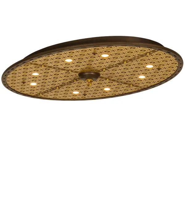 This stunning illuminating medallion design features a Tyler Bronze-finished oval frame with an intricate geometric pattern on a Goldtastic background throughout the fixture. Eight downlights provide functional illumination on the surfaces below. The oblong ceiling fixture is ideal for installation in dining and living spaces in homes and hospitality locations from Manchester; New Hampshire; to Elgin; Illinois; to Jordan; Utah. The Geometric Ceiling Medallion is included in our American-made; American-designed; handcrafted Contemporary Collection and is manufactured in Yorkville; New York. The fixture is UL; and cUL listed for dry and damp locations.