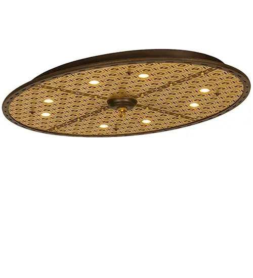 This stunning illuminating medallion design features a Tyler Bronze-finished oval frame with an intricate geometric pattern on a Goldtastic background throughout the fixture. Eight downlights provide functional illumination on the surfaces below. The oblong ceiling fixture is ideal for installation in dining and living spaces in homes and hospitality locations from Manchester; New Hampshire; to Elgin; Illinois; to Jordan; Utah. The Geometric Ceiling Medallion is included in our American-made; American-designed; handcrafted Contemporary Collection and is manufactured in Yorkville; New York. The fixture is UL; and cUL listed for dry and damp locations. - alternate view