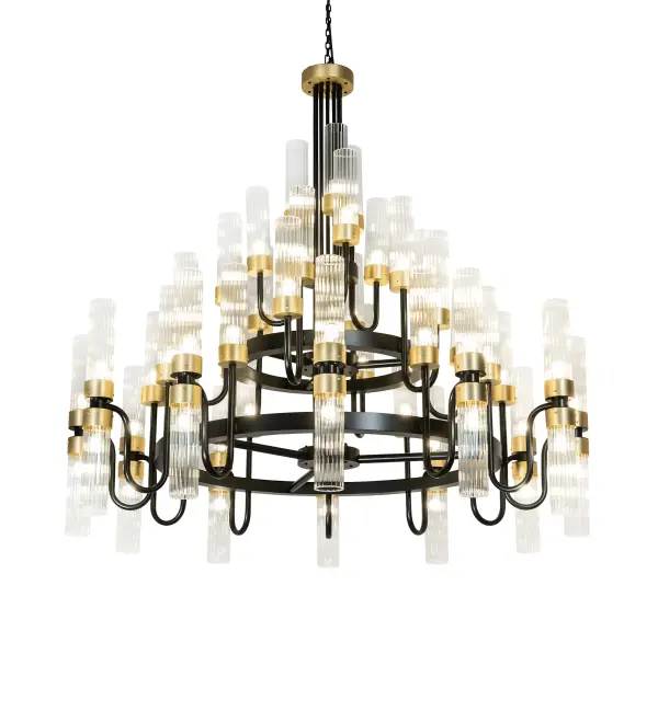 The lighting design was inspired by the desire to honor the illustrious past of The Kahler Grand Hotel in Rochester; Minnesota while integrating elements that would ensure its continued relevance and appeal in the future. Research into the hotel's historical lighting fixtures revealed at least two different designs that had previously adorned the lobby. This research influenced the overall shape and tiered lighting aspects; which pay homage to the hotel's legacy. The final design features Fluted Glass Cylinder Shades and a Two-tone finish of Black and Brass; combining historical references with contemporary aesthetics. A crucial part of the hotel's transformative grand makeover and renovation is the installation of two exquisite chandeliers in the hotel's two-story lobby; a project designed to honor the hotel's legacy while embracing contemporary elegance. Our designers focused on identifying and integrating similar details from previous fixtures into the new design. This meticulous approach ensured that the new chandeliers would reflect the historical essence of the hotel while introducing a modern twist that aligns with the overall renovation. The Kahler Chandelier is featured in our American-made; American-designed; handcrafted Contemporary Lighting Collection; which is manufactured in Yorkville; New York. It is UL and cUL listed for dry and damp locations. The fixture is featured in the Kahler Grand Hotel in Rochester; Minnesota. Throughout the decades; the Kahler Grand Hotel has celebrated many milestones; including hosting US Presidents; and Princes and Princesses of foreign countries. The chandelier was designed by Christina Fluegel of PFW Designs of Minneapolis; Minnesota.