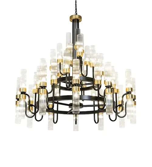 The lighting design was inspired by the desire to honor the illustrious past of The Kahler Grand Hotel in Rochester; Minnesota while integrating elements that would ensure its continued relevance and appeal in the future. Research into the hotel's historical lighting fixtures revealed at least two different designs that had previously adorned the lobby. This research influenced the overall shape and tiered lighting aspects; which pay homage to the hotel's legacy. The final design features Fluted Glass Cylinder Shades and a Two-tone finish of Black and Brass; combining historical references with contemporary aesthetics. A crucial part of the hotel's transformative grand makeover and renovation is the installation of two exquisite chandeliers in the hotel's two-story lobby; a project designed to honor the hotel's legacy while embracing contemporary elegance. Our designers focused on identifying and integrating similar details from previous fixtures into the new design. This meticulous approach ensured that the new chandeliers would reflect the historical essence of the hotel while introducing a modern twist that aligns with the overall renovation. The Kahler Chandelier is featured in our American-made; American-designed; handcrafted Contemporary Lighting Collection; which is manufactured in Yorkville; New York. It is UL and cUL listed for dry and damp locations. The fixture is featured in the Kahler Grand Hotel in Rochester; Minnesota. Throughout the decades; the Kahler Grand Hotel has celebrated many milestones; including hosting US Presidents; and Princes and Princesses of foreign countries. The chandelier was designed by Christina Fluegel of PFW Designs of Minneapolis; Minnesota. - alternate view