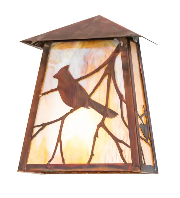 You can almost hear this singing bird's beautiful melodies echoing Mother Nature's rhythms. Delicately etched of Solid Copper; delicate Song Bird silhouettes perched on branches accentuate this charming wall sconce. The Solid Copper Wall Sconce is finished in Vintage Copper and features a Beige Iridescent Glass diffuser. This left-oriented fixture complements model 271549; the Stillwater Song Bird Right Wall Sconce. The wall fixture is perfect for illuminating indoor and outdoor spaces in timber homes; modern farmhouses; and other locations from Traverse City; Michigan; to Lake Tahoe; Nevada; to Lake Geneva; Wisconsin. The Stillwater Song Bird Left Wall Sconce is included in our American-made; American-designed; handcrafted Craftsman Signature Lighting Collection and manufactured in Yorkville; New York. UL and cUL listed for dry; damp; and wet locations. Our Build Your Own Craftsman Signature Series features unlimited combinations of styles.The collection is called build your own because it is fully configurable and customizable from size and design to finish and lens color. Go nuts with the options; or send us your own concept today! Call today to learn how to use the configuration tool available on our website for an instant item number!