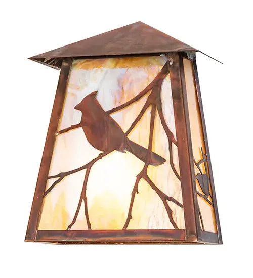 You can almost hear this singing bird's beautiful melodies echoing Mother Nature's rhythms. Delicately etched of Solid Copper; delicate Song Bird silhouettes perched on branches accentuate this charming wall sconce. The Solid Copper Wall Sconce is finished in Vintage Copper and features a Beige Iridescent Glass diffuser. This left-oriented fixture complements model 271549; the Stillwater Song Bird Right Wall Sconce. The wall fixture is perfect for illuminating indoor and outdoor spaces in timber homes; modern farmhouses; and other locations from Traverse City; Michigan; to Lake Tahoe; Nevada; to Lake Geneva; Wisconsin. The Stillwater Song Bird Left Wall Sconce is included in our American-made; American-designed; handcrafted Craftsman Signature Lighting Collection and manufactured in Yorkville; New York. UL and cUL listed for dry; damp; and wet locations. Our Build Your Own Craftsman Signature Series features unlimited combinations of styles.The collection is called build your own because it is fully configurable and customizable from size and design to finish and lens color. Go nuts with the options; or send us your own concept today! Call today to learn how to use the configuration tool available on our website for an instant item number! - alternate view