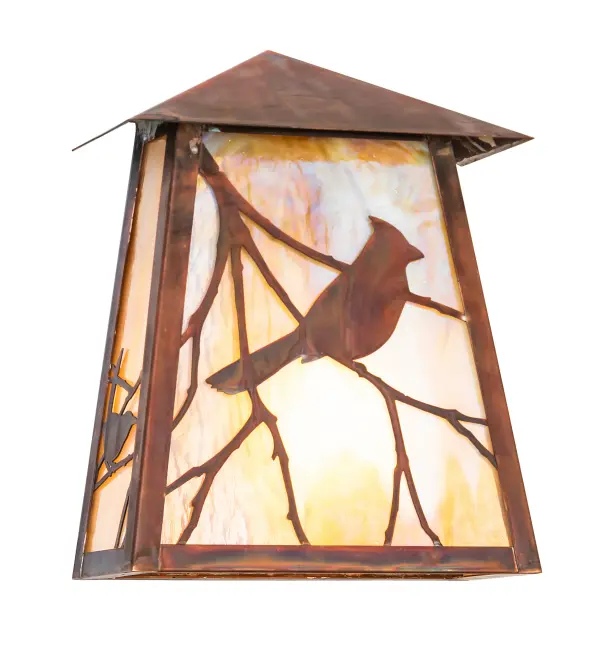 You can almost hear this singing bird's beautiful melodies echoing Mother Nature's rhythms. Delicately etched of Solid Copper; delicate Song Bird silhouettes perched on branches accentuate this charming wall sconce. The Solid Copper Wall Sconce is finished in Vintage Copper and features a Beige Iridescent Glass diffuser. This right-oriented fixture complements model 271548; the Stillwater Song Bird Left Wall Sconce. These ADA-compliant wall fixtures are perfect for illuminating indoor and outdoor spaces in timber homes; modern farmhouses; and other locations from Traverse City; Michigan; to Lake Tahoe; Nevada; to Lake Geneva; Wisconsin. The Stillwater Song Bird Right Wall Sconce is included in our American-made; American-designed; handcrafted Craftsman Signature Lighting Collection and manufactured in Yorkville; New York. UL and cUL listed for dry; damp; and wet locations. Our Build Your Own Craftsman Signature Series features unlimited combinations of styles. The collection is called Build Your Own because it is fully configurable and customizable from size and design to finish and lens color. Go nuts with the options; or send us your own concept today! Call today to learn how to use the configuration tool available on our website for an instant item number!