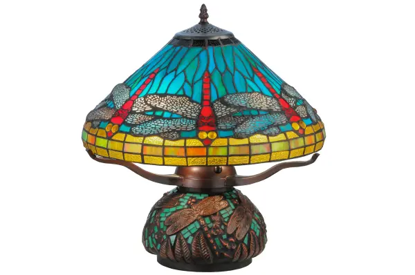 This version of Tiffany Studio's most beloved dragonfly design, is modeled after the original stained glass hanging head dragonfly. Diving dragonflies with glowing Scarlet jeweled eyes and delicate metal filigree wings circle over hand cut and copper foiled pieces of Sky Blue art glass. Sparkling Nutmeg bands circle the top and bottom of the shade and cast dragonflies on the base dance around a Sky Blue glass mosaic inlay on the hand finished Mahogany Bronze base. Collection: Tiffany Dragonfly Finish: Mahogany Bronze Glass: Stained Glass Eb Width: 19.00" Height: 17.00" Length: 19.00" Weight: 8.50 lb Extension from Wall: 7.50" Number of Bulbs: 3 Maximum Wattage: 60.00 W Bulb Type: A19 Bulb Base: E26 Material: Zinc Country of Origin: CHINA Safety Listing: Dry Safety Rating: Dry
