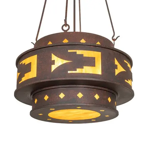 Stunning patterns and colors of Native American blankets and pottery have inspired this ceiling pendant; which features an Ambra Siena Idalight lens. The intricately styled shade offers arrowhead-style motifs and diamond accents in a Rusty Nail finish. This fixture fits well in entryways and dining spaces in fine homes and restaurants. The overall height ranges from 26 to 111 inches; as the chain length can be easily adjusted on location to accommodate your specific lighting application needs. The Sandia Pendant is included in our American-made; American-designed; handcrafted Southwest Collection; which is manufactured in Yorkville; New York. The pendant is UL and cUL listed for dry and damp locations. - alternate view