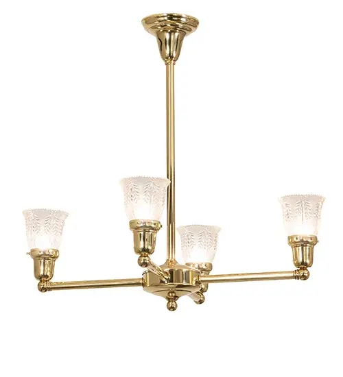 Step back in time with a traditional glass; fit; and finish. Reminiscent of lighting fixtures from the early 1900s; the Revival Summer Wheat ceiling fixture features four Clear Textured Revival Glass shades; offering an authentic historic look to complement any room or space. Oyster Bay creates four shades embraced by Solid Polished Brass hardware designed and crafted with the exact details of old-world artisanship. Perfect for positioning above tables in dining areas and living spaces in various residential and hospitality settings; including Old Bethpage on Long Island in New York and Wilmot; Ohio. The Revival Summer Wheat 4 Light Chandelier is included in our American-designed; handcrafted Traditional Collection. UL and cUL listed for dry and damp locations. - alternate view