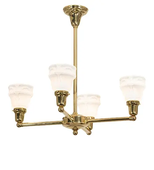 Reminiscent of lighting fixtures from the early 1900s. The Revival Garland Chandelier features four shades in Antique White blown-glass with an elegant Wreath and Garland motif-an authentic historic look to complement any room or space. Solid Polished Brass hardware and decorative accents make this piece a timeless treasure. Perfect for illuminating kitchen and dining areas in residential and hospitality locations from Montpelier; Vermont; to Princeton; New Jersey; to Boise; Idaho. The Revival Garland 4 Light Chandelier is included in our American-designed; handcrafted Revival Lighting Collection. UL and cUL listed for dry and damp locations. - alternate view