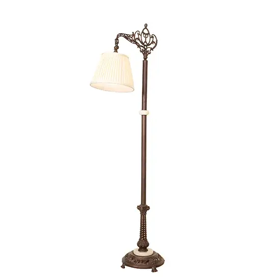 Embrace the timeless look of this classic floor lamp design. The Victorian floor lamp features a Beige Pleated Textrene shade, a Bridge Arm Floor Base, and Scrolled Metal Accents finished in Mahogany Bronze. Position the item as a way to update a Beautiful Victorian space with a more modern aesthetic for a refreshed look. The floor lamp is ideal for placement as a decorative lighted accent in a living space in fine homes and hospitality locations from Lynchburg, Virginia, to Deerfield Beach, Florida, to Racine, Wisconsin. The Victorian Bridge Arm Floor Lamp is included in our American-made, American-designed, handcrafted Transitional Lighting Collection and manufactured in Yorkville, New York. UL and cUL listed for dry and damp locations, however, we do not recommend placing it in spaces that experience a large amount of moisture due to the parchment shades. Collection: Victorian Finish: Mahogany Bronze Glass: Eggshell Textrene Width: 12.50" Height: 60.00" Length: 16.00" Weight: 17.00 lb Number of Bulbs: 1 Maximum Wattage: 60.00 W Bulb Type: A19 Bulb Base: E26 Material: Steel Country of Origin: CHINA Safety Rating: Dry - alternate view