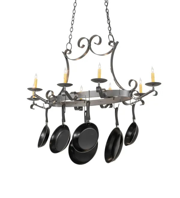 A handsome elaborate chandelier that doubles as a lighted pot rack. Laramie features a sturdy frame, and Hand-Forged Iron Scrollwork finished with a stunning Blackened Pewter finish. Eight Ivory faux candlelights perched on bobeches are attached to curved arms while providing beautiful ambient illumination. French wiring allows the electrical cord to run from the canopy directly through eyelets to each of the lamp holders. The fixture is designed with hooks to display fine cookware and accessories in a culinary space in residential settings from Orange Beach, Alabama, to Telluride, Colorado. The overall height ranges from 30 to 93 inches, as the chain length can be easily adjusted in the field to accommodate your specific lighting needs. The Laramie 8 Light Pot Rack is included in our American-made, American-designed, handcrafted Pot Rack Collection and manufactured in Yorkville, New York. UL and cUL listed for dry and damp locations. (Cookware not included). Collection: Laramie Finish: Blackened Pewter Width: 31.50" Height: 30.00" Length: 53.00" Weight: 44.00 lb Number of Bulbs: 8 Maximum Wattage: 40.00 W Bulb Type: BA9 Bulb Base: E12 Material: Steel Country of Origin: USA Safety Rating: Damp