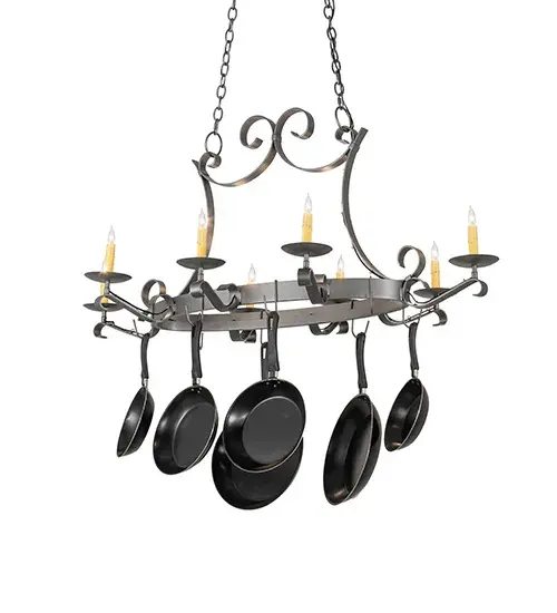 A handsome elaborate chandelier that doubles as a lighted pot rack. Laramie features a sturdy frame, and Hand-Forged Iron Scrollwork finished with a stunning Blackened Pewter finish. Eight Ivory faux candlelights perched on bobeches are attached to curved arms while providing beautiful ambient illumination. French wiring allows the electrical cord to run from the canopy directly through eyelets to each of the lamp holders. The fixture is designed with hooks to display fine cookware and accessories in a culinary space in residential settings from Orange Beach, Alabama, to Telluride, Colorado. The overall height ranges from 30 to 93 inches, as the chain length can be easily adjusted in the field to accommodate your specific lighting needs. The Laramie 8 Light Pot Rack is included in our American-made, American-designed, handcrafted Pot Rack Collection and manufactured in Yorkville, New York. UL and cUL listed for dry and damp locations. (Cookware not included). Collection: Laramie Finish: Blackened Pewter Width: 31.50" Height: 30.00" Length: 53.00" Weight: 44.00 lb Number of Bulbs: 8 Maximum Wattage: 40.00 W Bulb Type: BA9 Bulb Base: E12 Material: Steel Country of Origin: USA Safety Rating: Damp - alternate view