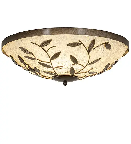 Bring the great outdoors into your home with this stunning organic-style ceiling fixture that provides beautiful ambient lighting. As visually impressive as the delicate leaves of your most beloved shrubbery, this unique fixture features a dramatic Branches motif on a Scavo Idalight diffuser enhanced with an Antique Hammered Gold finish. The fixture can illuminate homes from Augusta, Georgia, to Little Rock, Arkansas, to Amarillo, Texas. The Branches Flushmount is included in our American-made, American-designed, handcrafted Nature Inspired Lighting Collection. It was manufactured in Yorkville, New York, and is UL and cUL listed for dry and damp locations. Collection: Branches Finish: Antique Hammered Gold Glass: Scavo Idalight Width: 24.00" Height: 8.00" Length: 24.00" Weight: 17.00 lb Number of Bulbs: 3 Maximum Wattage: 40.00 W Bulb Type: BA9 Bulb Base: E12 Material: Steel Country of Origin: USA Safety Rating: Damp - alternate view