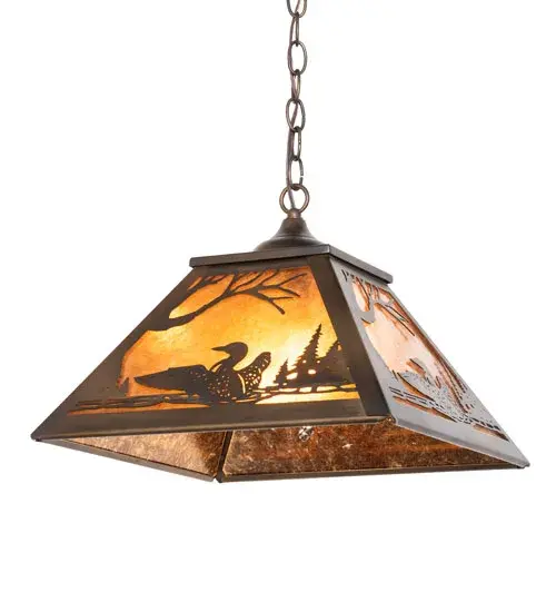 You can almost hear the melodious calls of the Loon echo across the woodland lake as this aquatic bird wades across the water. The vanity light is designed with an Amber Mica diffuser, enhanced with decorative accents and hardware featured in a Dark Burnished Antique Copper finish. The ceiling pendant is ideal for illuminating fine baths or accenting hallways and other rooms as a sconce in homes from San Angelo, Texas, to Compton, California, to Hillsboro, Oregon. The overall height ranges from 16 to 65 inches as the chain easily adjusts in the field. The Loon Pendant is included in our American-made, American-designed, handcrafted Wildlife Collection and manufactured in Yorkville, New York. UL and cUL listed for dry and damp locations. Collection: Loon Finish: Dark Burnished Antique Copper Glass: Amber Mica Width: 22.00" Height: 16.00" Length: 16.00" Weight: 8.50 lb Number of Bulbs: 2 Maximum Wattage: 60.00 W Bulb Type: A19 Bulb Base: E26 Material: Steel Country of Origin: USA Safety Rating: Damp - alternate view