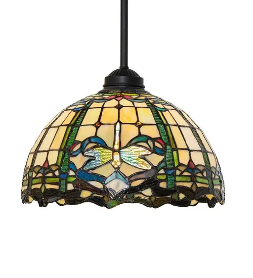 This Meyda Tiffany design features Diving Dragonflies with glowing Blue jeweled eyes and delicate Blue glass wings. The dragonflies dive over hand-cut. copper foil constructed pieces of Beige art glass. Amber and Brown Green bands circle the bottom of the stained glass shade. The stained glass shade is enhanced with a hand-finished Mahogany Bronze hardware. The overall height can be adjusted by combining the four stem lengths that are included: 6-inch, 12-inch, 16-inch, and 24-inch, in any combination to achieve the desired drop from the ceiling. The Dragonfly Pendant is part of our American-designed, handcrafted Stained Glass Lighting Collection. UL and cUL listed for dry and damp locations. Each shade is a unique work of art, featuring color variations derived from the natural ingredients inherent in the glass. Collection: Dragonfly Finish: Solar Black Glass: Stained Glass Width: 12.00" Height: 18.00" Length: 12.00" Weight: 5.00 lb Number of Bulbs: 1 Maximum Wattage: 60.00 W Bulb Type: A19 Bulb Base: E26 Material: Steel Country of Origin: USA Safety Rating: Damp - alternate view