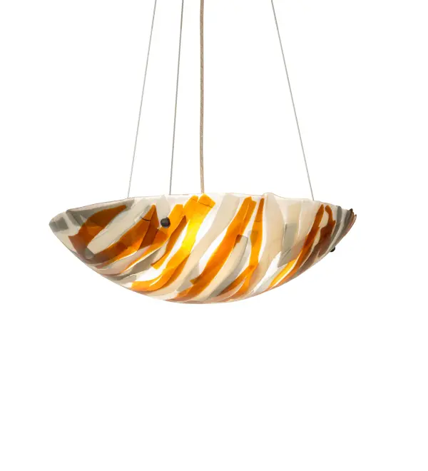 This contemporary Metro Fusion dome-shaped shade is an original design that is far from traditional. This unique shade is handmade in our Marina pattern of Amber; Beige; Smoke; and Clear Iridescent; kiln-fired; fused art glass; paired with ceiling fixture hardware. The modern pendant is perfect for living spaces and entryways in fine homes and hotels from Shelter Island; New York; to Columbus; Ohio; to Palm Springs; California. The Metro Fusion Marina 3 Light Pendant is included in our American-made; American-designed; handcrafted Fused Glass Collection; which is manufactured in Yorkville; New York. UL and cUL listed for dry locations. Each shade is a unique work of art with color variations based on natural ingredients inherent in the glass. The Quality Bent Glass division of Meyda Tiffany Lighting is over 100 years in the making. Today; we are still creating timeless masterpieces using tools and methods from the days when we supplied Tiffany Studios. Fused glass colors and metal finishes are customizable; as each fixture is handcrafted to order.