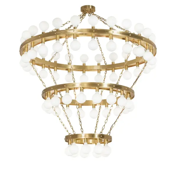 This breathtaking design is a spectacular celebration in light and a marvel for public spaces. The innovative three-tier chandelier features sturdy rings hand-finished in stunning Brushed Brass. This massive fixture is ideal for illuminating entryways, lobbies, and ballrooms in hotels and other commercial lighting installations. The Albion Chandelier is featured in our American-made, American-designed, handcrafted Modern Lighting Collection, manufactured in Yorkville, New York. UL and cUL listed for dry and damp locations. The fixture was created for The Memorymakers at Landmark Hospitality, which owns The Albion Summit in Summit, New Jersey. Collection: Albion Finish: Brushed Brass Width: 72.00" Height: 78.00" Length: 72.00" Weight: 193.00 lb Number of Bulbs: 75 Maximum Wattage: 11.00 W Bulb Type: G40 Bulb Base: E26 Light Source: LED Material: Brass Country of Origin: USA Safety Rating: Damp LED