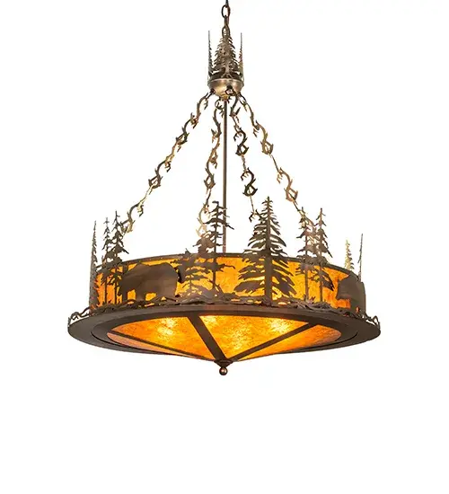 A mighty Bear wanders by a lake in the woods among the Tall Pine trees in this Nature-inspired inverted pendant. The stunning fixture features a Bear and woodland lake design in an Antique Copper finish on an Amber Mica lens with a matching bottom diffuser. The overall height ranges from 42 to 80 inches, as the chain length can be easily adjusted in the field to accommodate your specific lighting needs. The ceiling pendant is ideal for illuminating dining tables and entryways in fine homes from Jackson Hole, Wyoming, to Bozeman, Montana, to Barter Island, Alaska. The Bear at Lake Inverted Pendant is included in our American-made, American-designed, handcrafted Wildlife Collection and manufactured in Yorkville, New York. UL and cUL listed for dry and damp locations. Collection: Bear At Lake Finish: Antique Copper Glass: Amber Mica Width: 34.00" Height: 42.00" Length: 34.00" Weight: 35.00 lb Number of Bulbs: 4 Maximum Wattage: 60.00 W Bulb Type: A19 Bulb Base: E26 Material: Steel Country of Origin: USA Safety Rating: Damp - alternate view