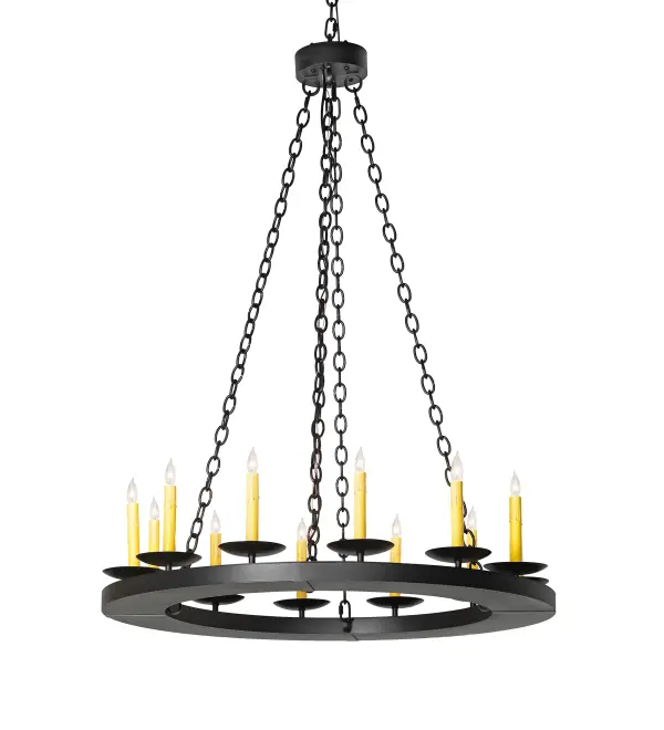 Blending an elegant style with a classic, distinguished look... The Loxley chandelier is custom-crafted with 12 Ivory faux candlelights and complemented with a Textured Black finish. The overall height ranges from 51 to 102 inches, as the chain can be adjusted in the field to meet your exact lighting specifications. This luxurious custom fixture is ideal for illuminating ballrooms, dining tables, lobbies, entryways, and other residential, hospitality, and commercial spaces throughout the U.S., including Arlington, Virginia, Omaha, Nebraska, and Sacramento, California. The Loxley Chandelier is featured in our American-made, American-designed, handcrafted Traditional Lighting Collection. This fixture is manufactured in Yorkville, New York. UL & cUL listed for dry and damp locations. Collection: Loxley Finish: Textured Black Width: 36.00" Height: 51.00" Length: 36.00" Weight: 48.00 lb Number of Bulbs: 12 Maximum Wattage: 40.00 W Bulb Type: B10 Bulb Base: E12 Material: Steel Country of Origin: USA Safety Rating: Damp