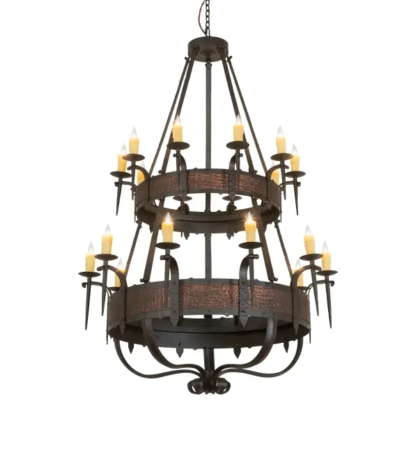 A Grand centerpiece for large spaces in nearly any residential or hospitality setting. The Costello Chandelier features two tiers embellished with Barkerized Metal Bands offered in an Oil Rubbed Bronze finish and highlighted with Gothic Gold accents. 20 Ivory faux candlelights are perched on bobeches and provide beautiful ambient lighting. Inspired by castles and mansions from West Hills; New York; to Milwaukee; Wisconsin; to Monterey; California. The Costello 20 Light Chandelier is included in our American-made; American-designed; handmade Gothic Lighting Collection and manufactured in Yorkville; NY. UL and cUL listed for dry and damp locations.