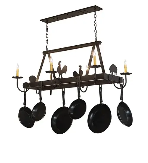 Charming Country Barn Animals; comprising of Pig and Rooster silhouettes; are depicted on the frame of this Pot Rack fixture; which embraces six Ivory faux candlelights with scrolled arms and bobeches. Hooks are designed to suspend pots and pans on this fixture; which is enhanced with a Oil Rubbed Bronze finish. This pendant can be placed above tables and islands in fine homes and hotels from Woodstock; Vermont; to Stockbridge; Massachusetts; to Holland; Michigan. The overall height ranges from 21 to 32 inches as the chain can be adjusted in the field. The Barn Animals 6 Light Pot Rack is included in our American-made; American-designed; handcrafted Americana Collection; which is manufactured in Yorkville; New York. UL and cUL listed for dry and damp locations. (Cookware not included) - alternate view